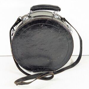 Round Black Leather Hat box purse Handbag, Retro Travel Vanity Case